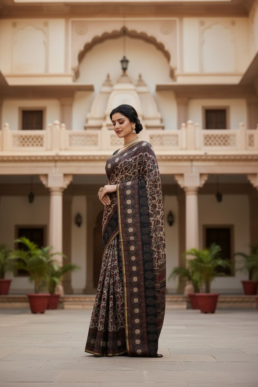 Cotton Maheshwari Silk Saree with Bagru Print