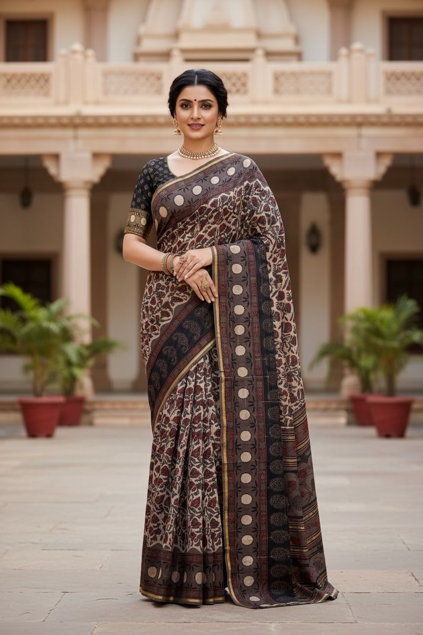 Cotton Maheshwari Silk Saree with Bagru Print