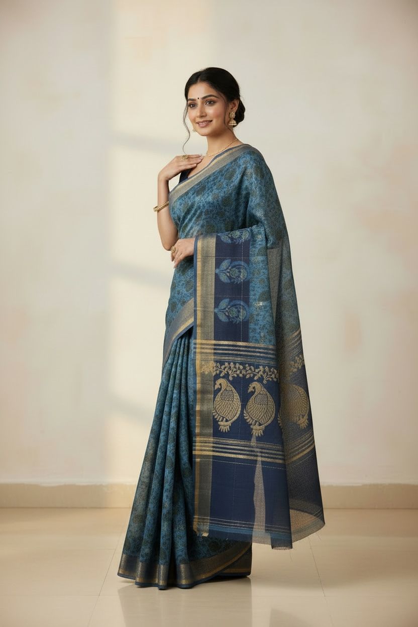 Cotton Maheshwari Silk Saree with Bagru Print