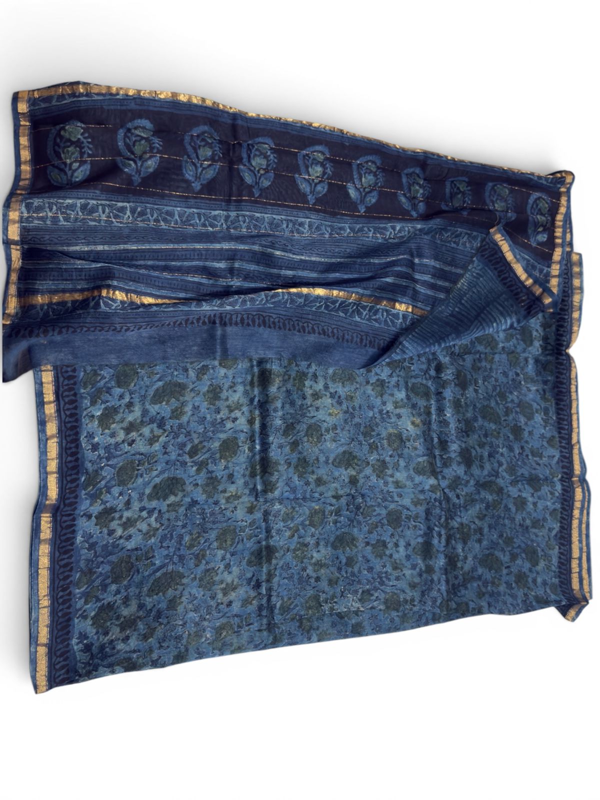 Cotton Maheshwari Silk Saree with Bagru Print
