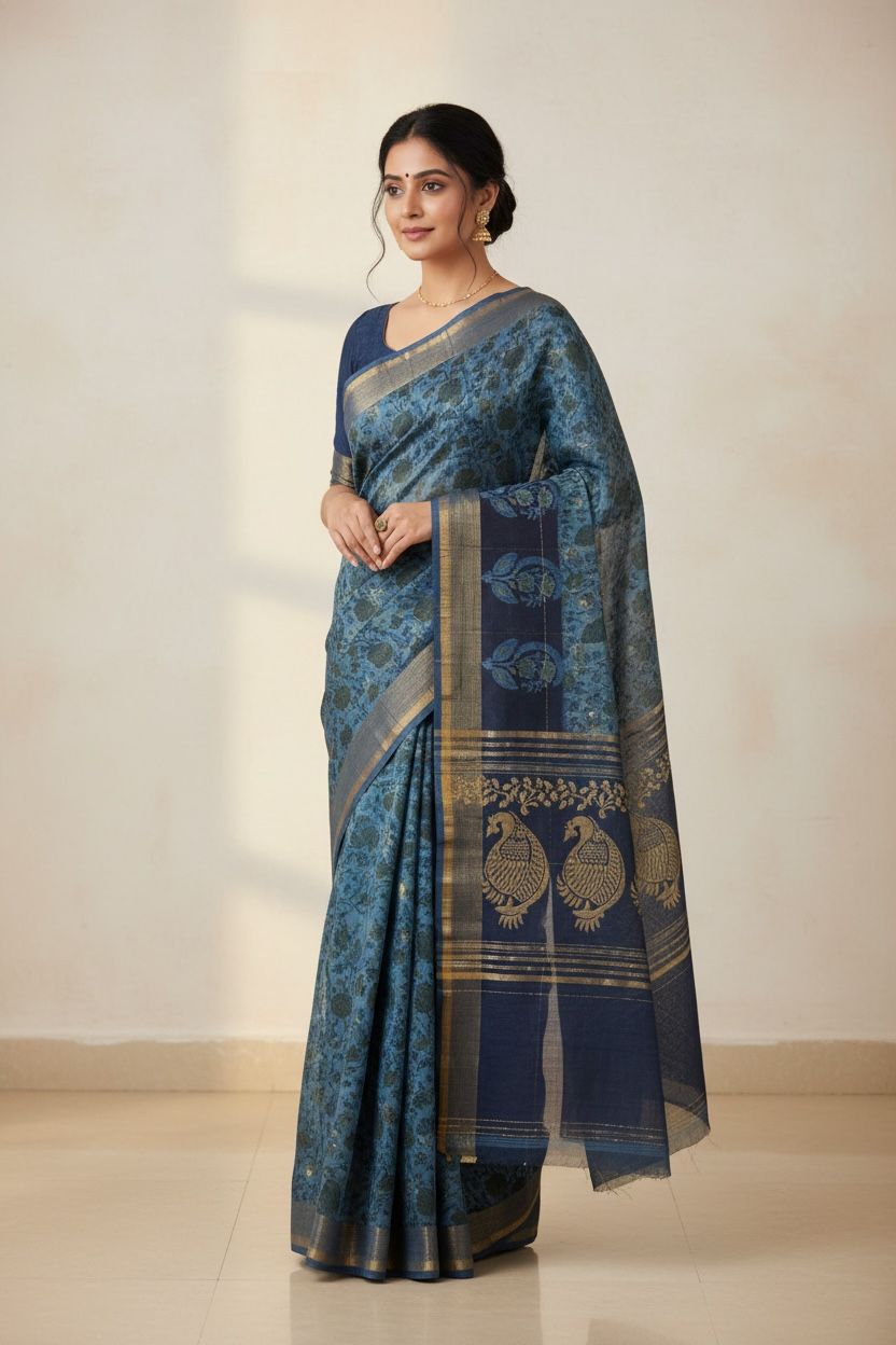 Cotton Maheshwari Silk Saree with Bagru Print