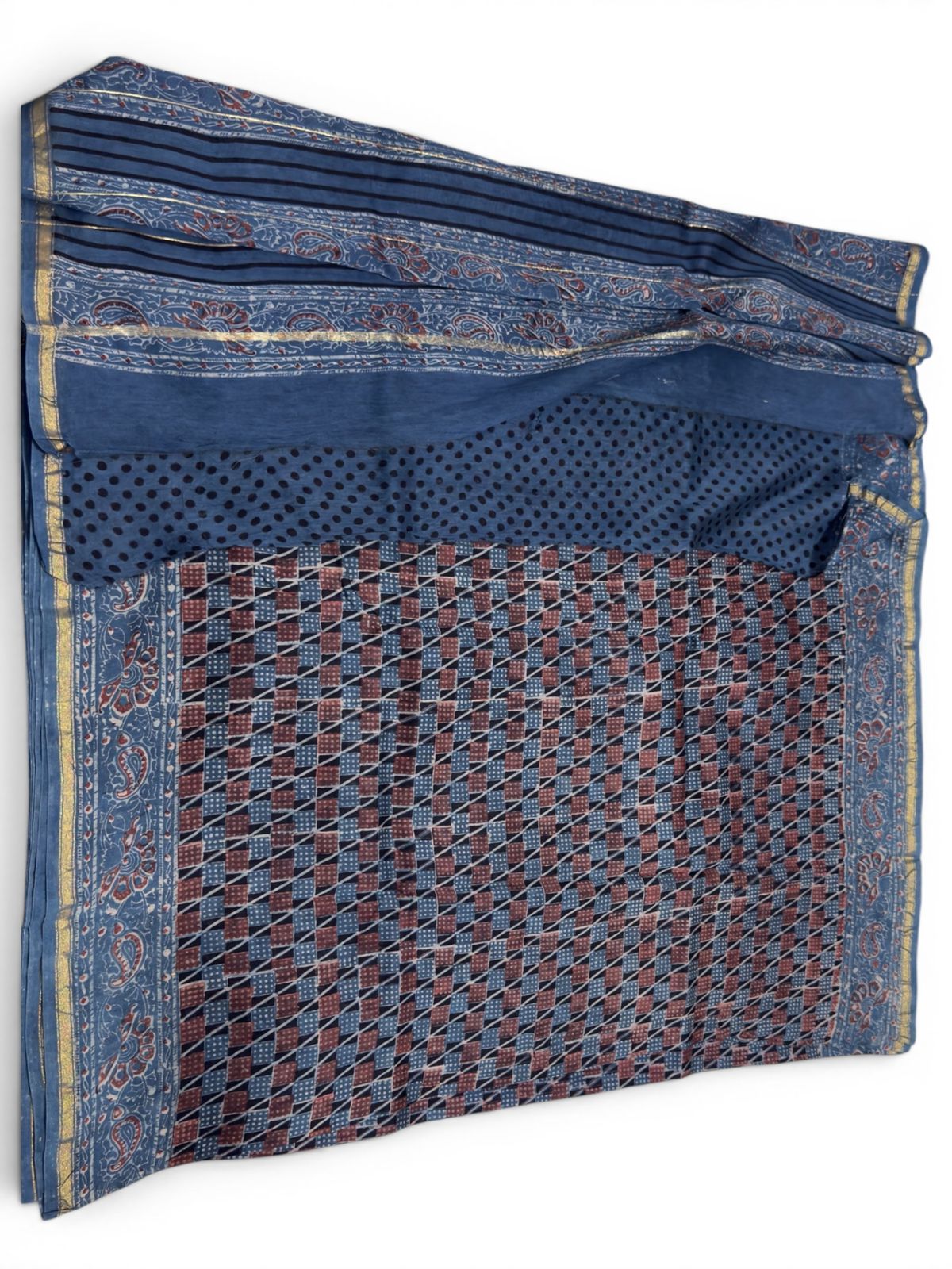 Cotton Maheshwari Silk Saree with Ajrak Print (Indigo blue with rust, off‑white & navy accents)