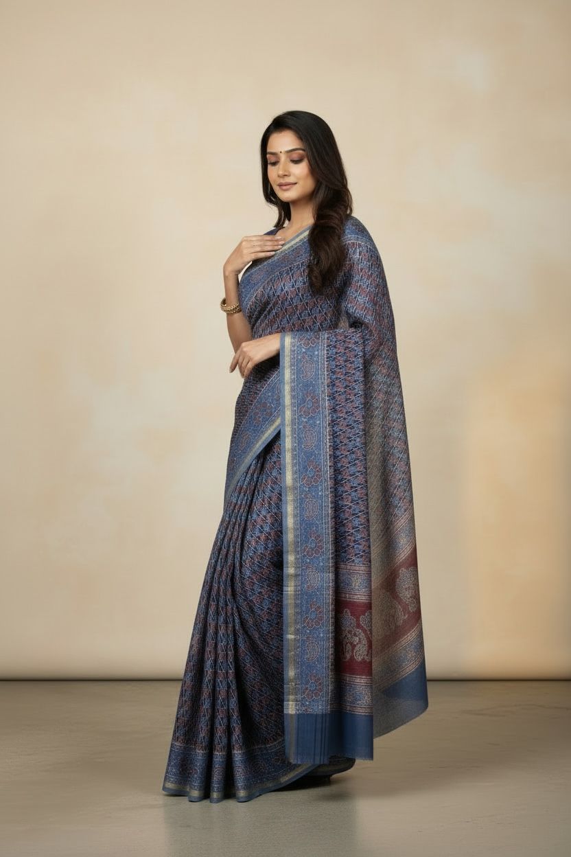 Cotton Maheshwari Silk Saree with Ajrak Print (Indigo blue with rust, off‑white & navy accents)