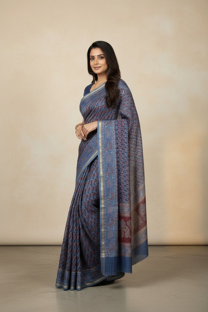 Cotton Maheshwari Silk Saree with Ajrak Print (Indigo blue with rust, off‑white & navy accents)