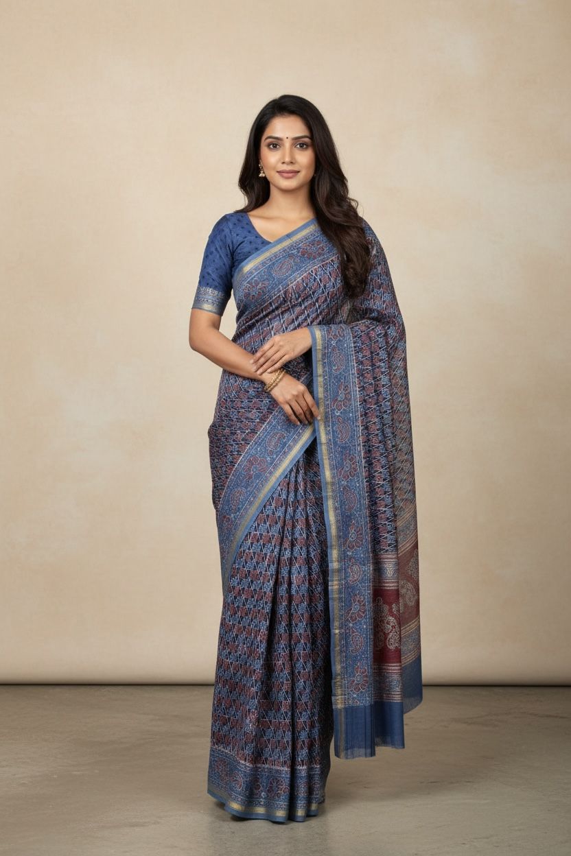 Cotton Maheshwari Silk Saree with Ajrak Print (Indigo blue with rust, off‑white & navy accents)