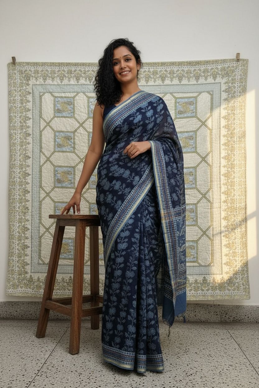 Chanderi Cotton Silk Saree with Ajrak Print (Rich indigo blue base)