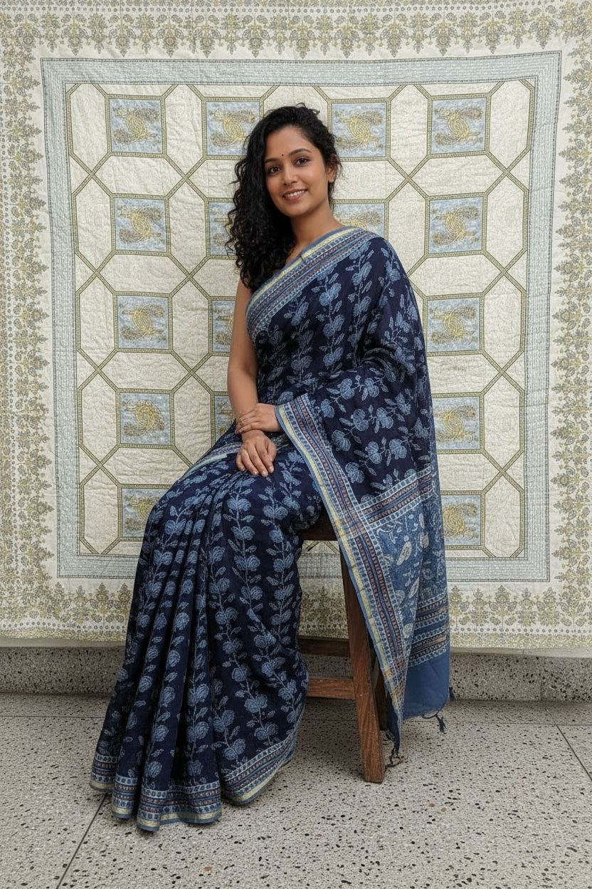 Chanderi Cotton Silk Saree with Ajrak Print (Rich indigo blue base)