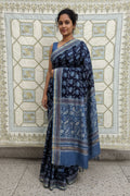 Chanderi Cotton Silk Saree with Ajrak Print (Rich indigo blue base)