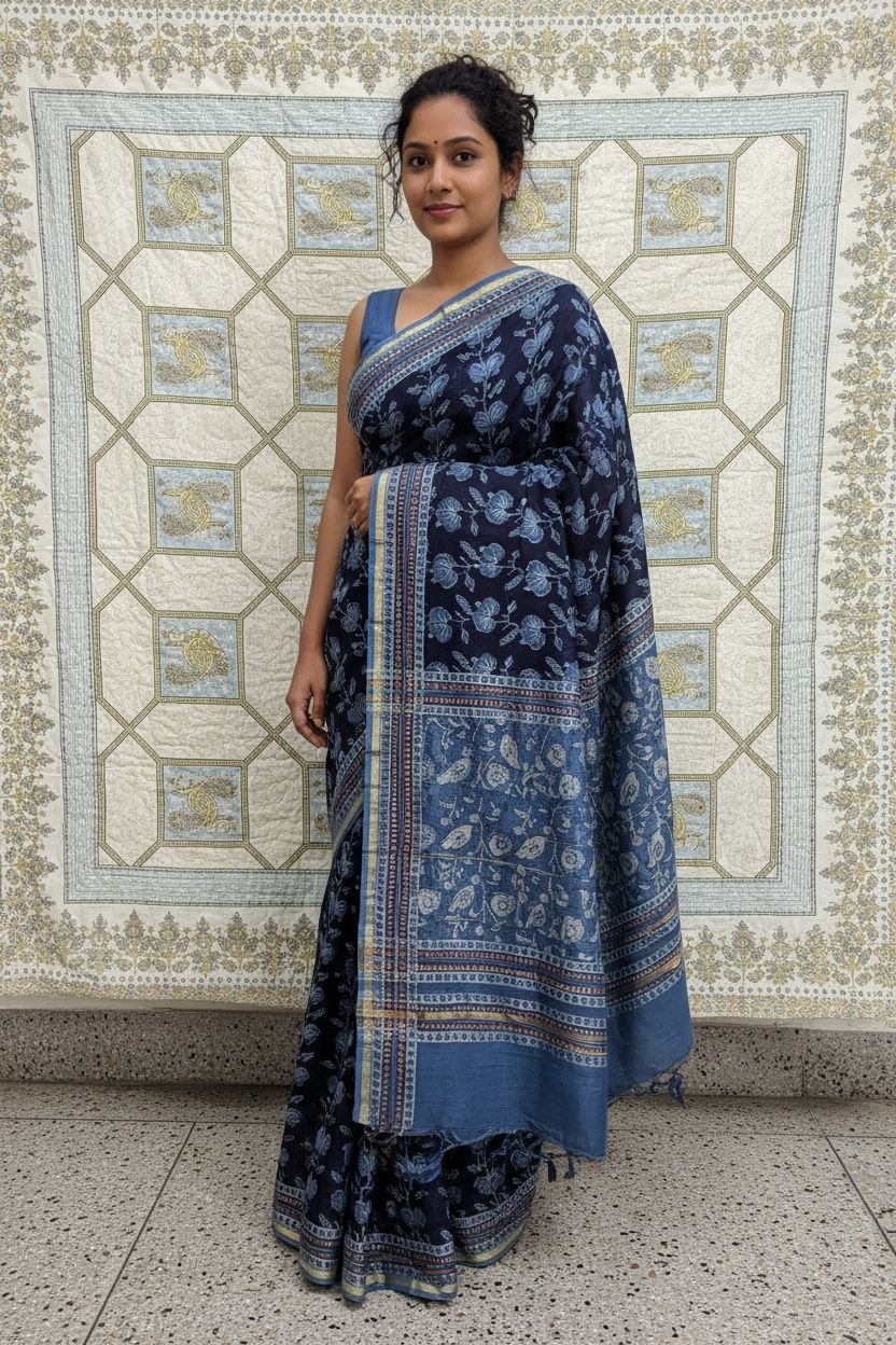 Chanderi Cotton Silk Saree with Ajrak Print (Rich indigo blue base)