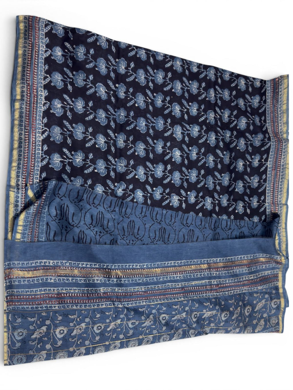 Chanderi Cotton Silk Saree with Ajrak Print (Rich indigo blue base)