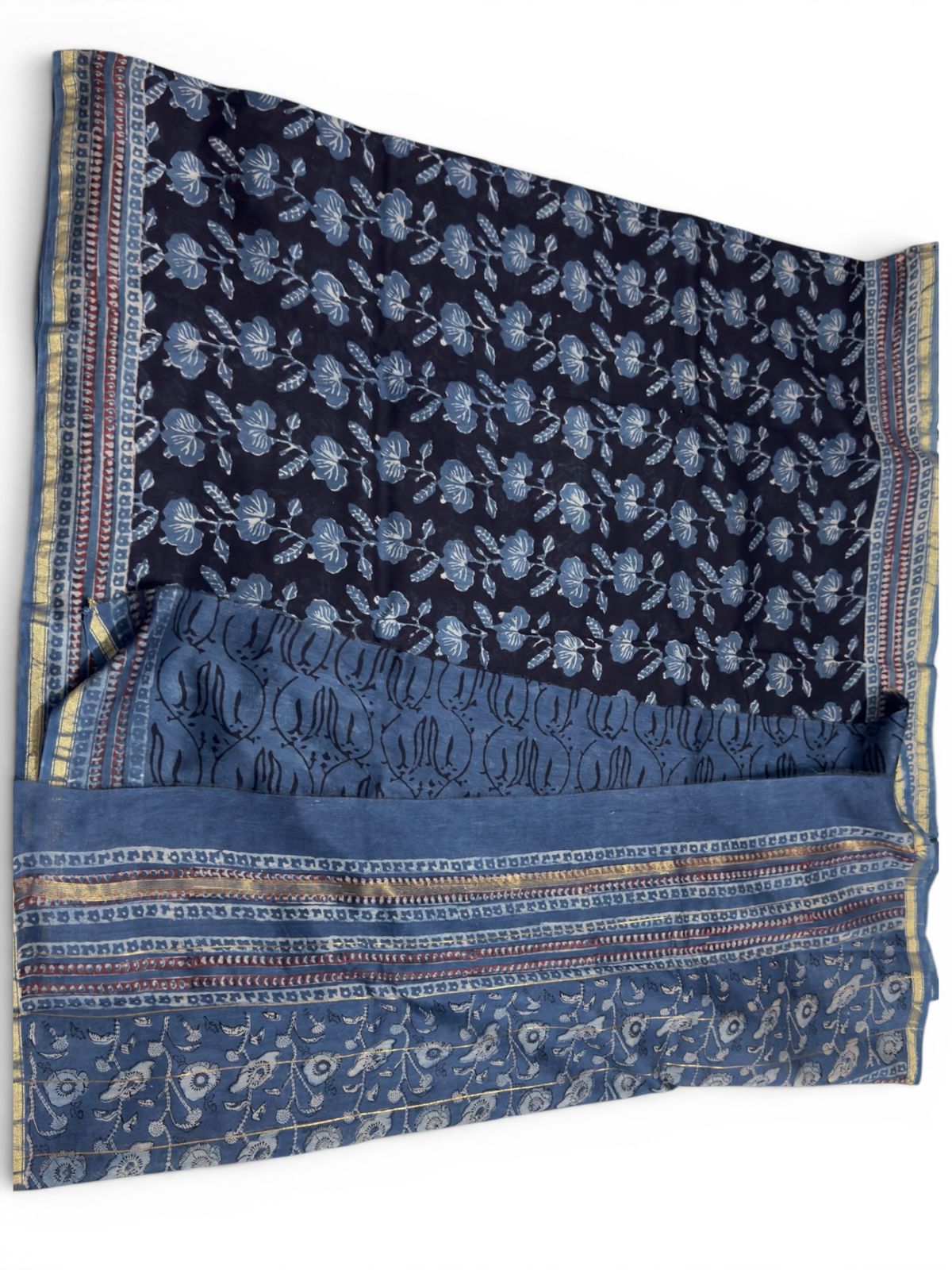 Chanderi Cotton Silk Saree with Ajrak Print (Rich indigo blue base)