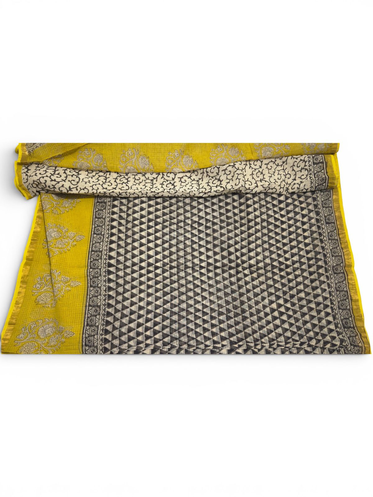 Kota Zari Saree with Geometric Motifs (Black & off‑white body with mustard yellow border)