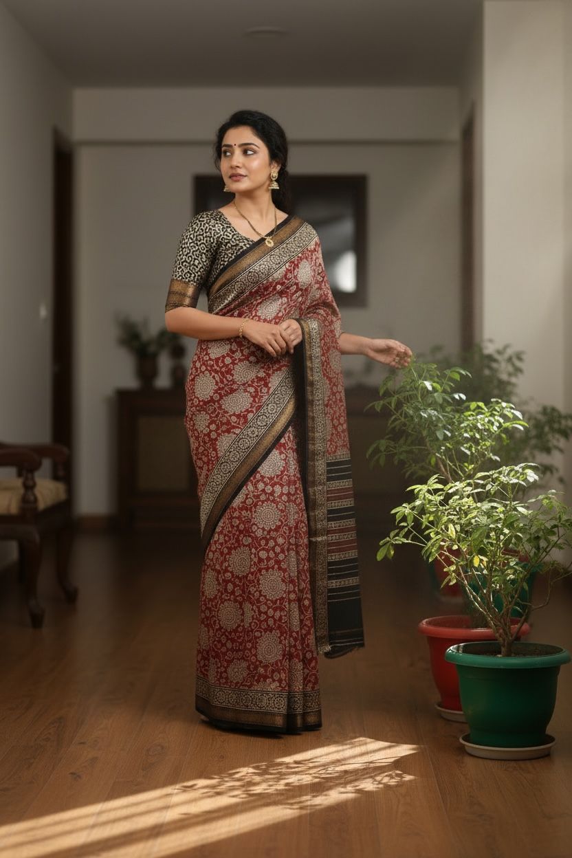 Cotton Maheshwari Silk Saree with Bagru Print