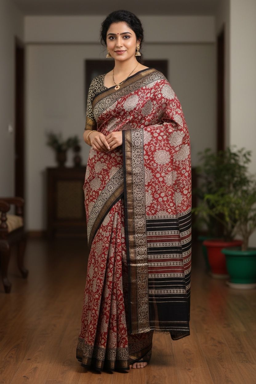 Cotton Maheshwari Silk Saree with Bagru Print