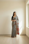 Chanderi Silk Saree with Bagru Print (Black &amp; ivory body with rust red border)