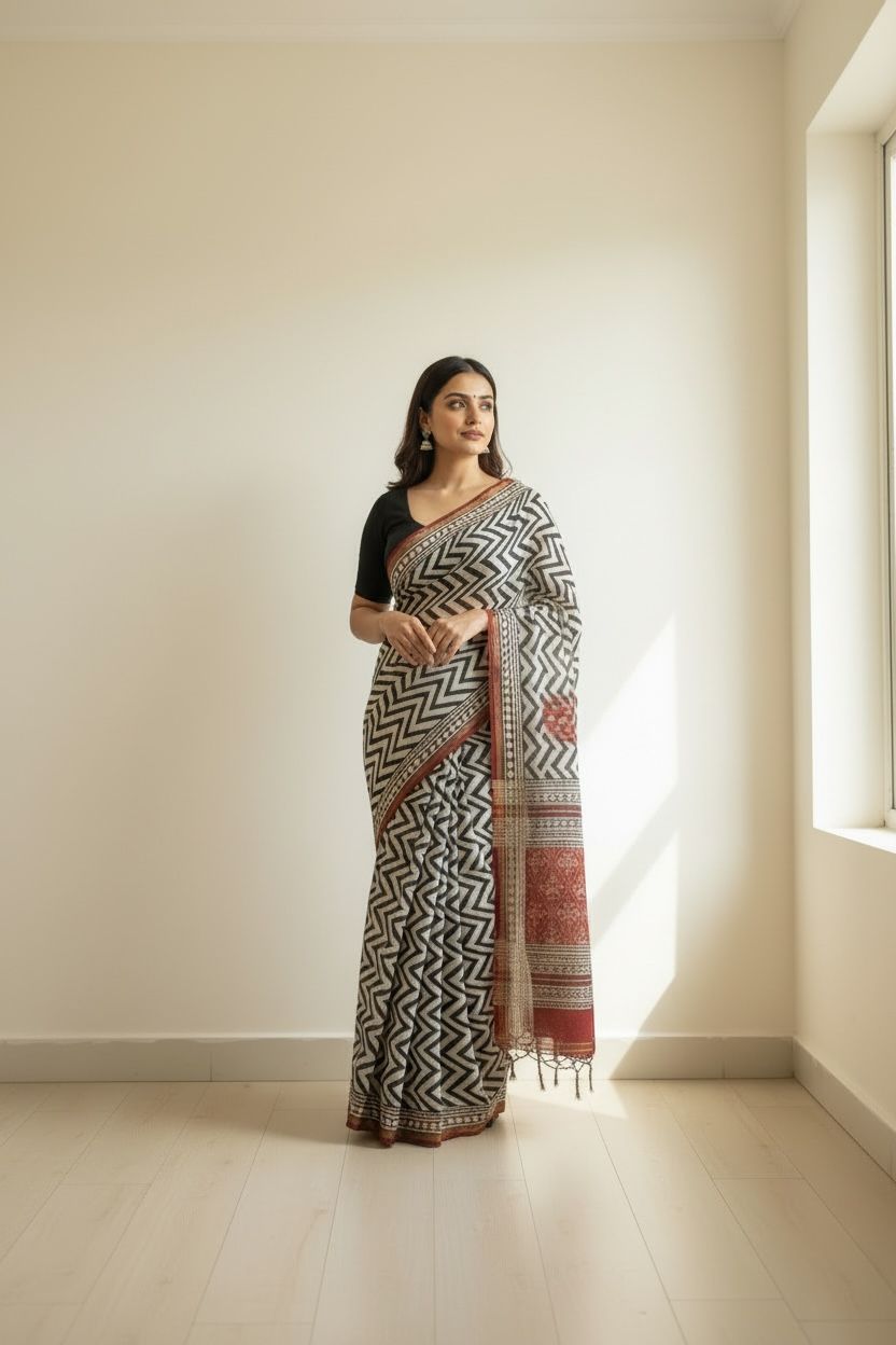 Chanderi Silk Saree with Bagru Print (Black &amp; ivory body with rust red border)