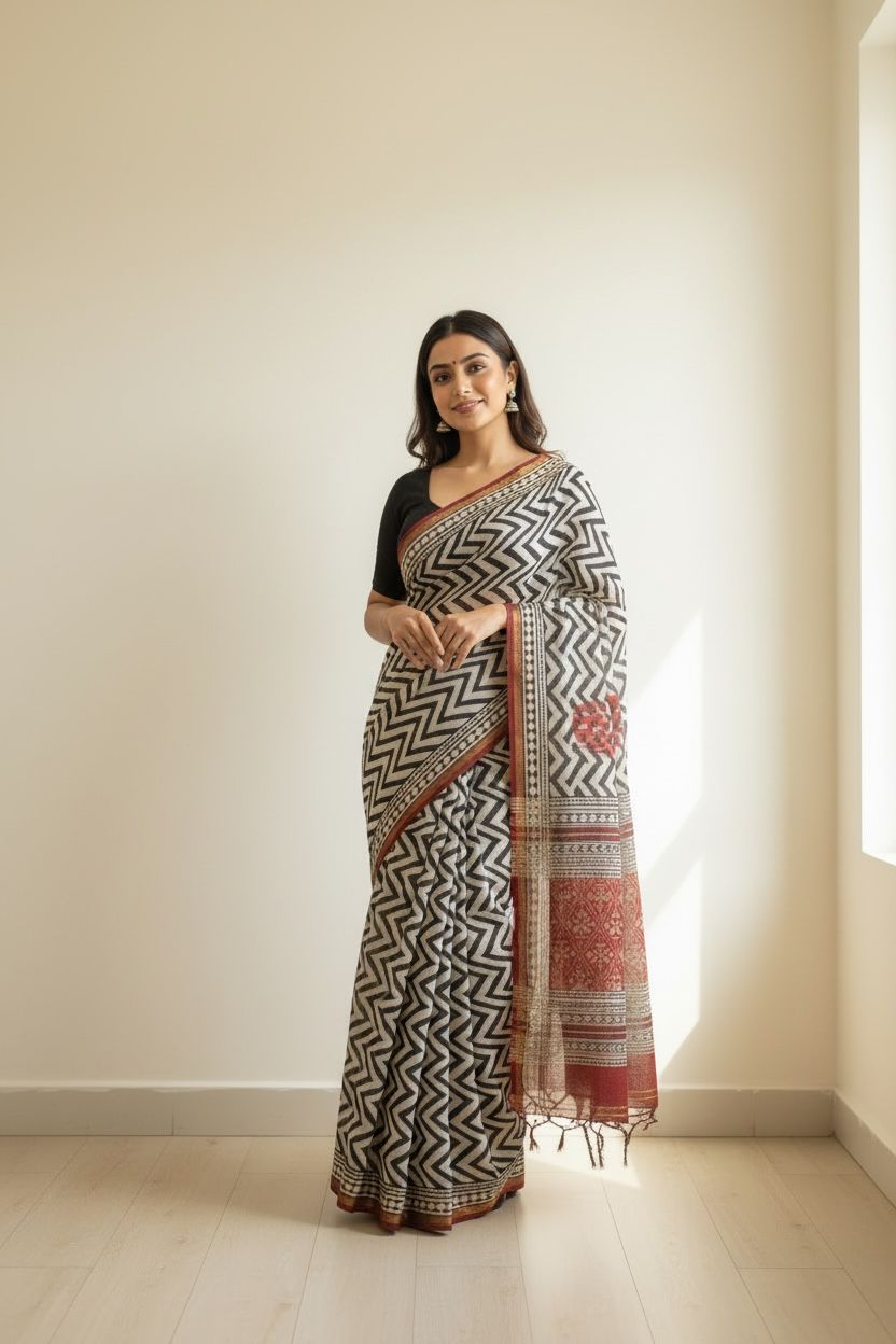 Chanderi Silk Saree with Bagru Print (Black &amp; ivory body with rust red border)