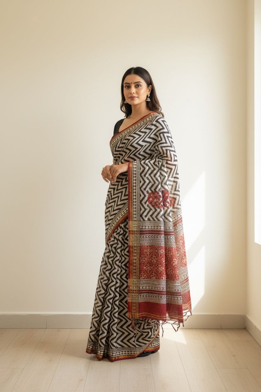 Chanderi Silk Saree with Bagru Print (Black &amp; ivory body with rust red border)