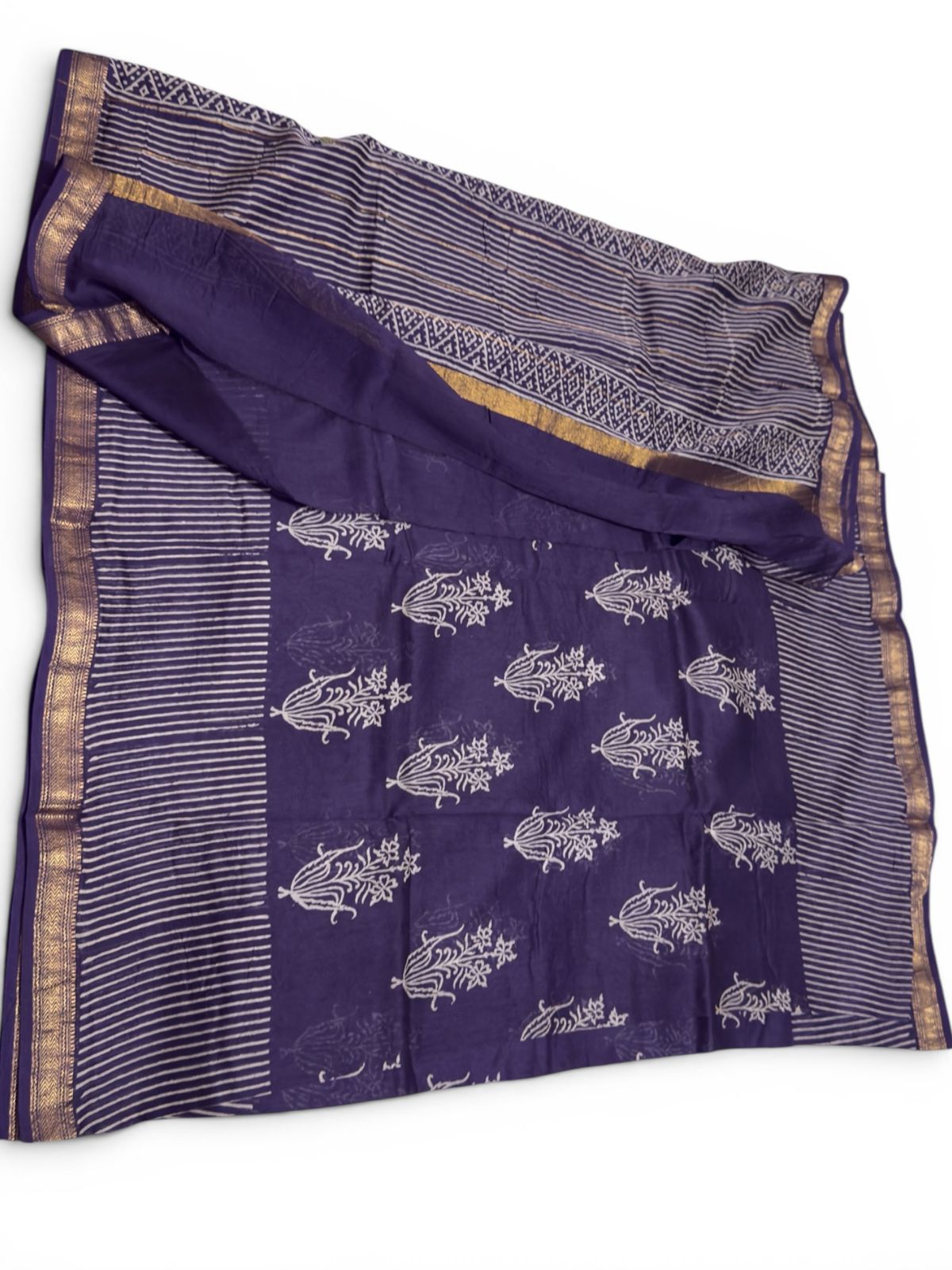 Chanderi Silk Saree with Ajrak Print (Deep purple/indigo with ivory prints and gold-toned border)