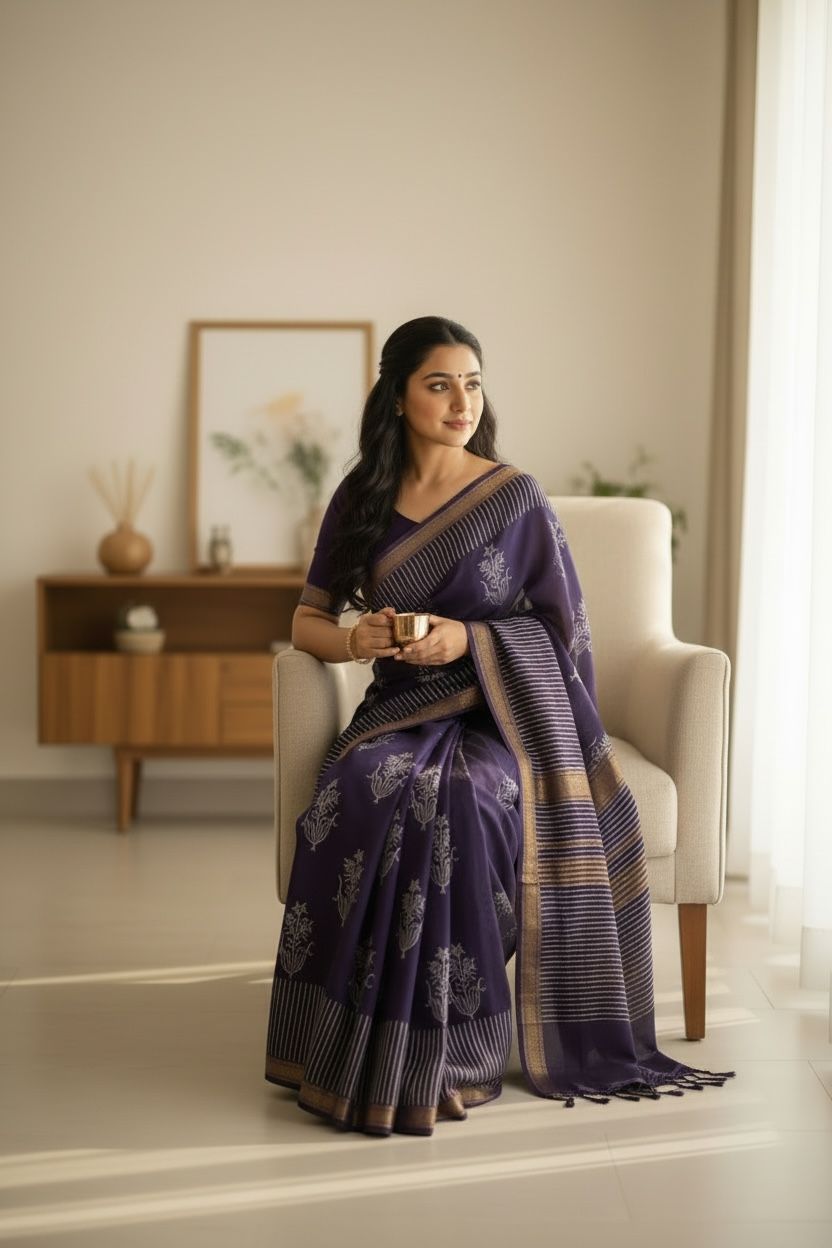 Chanderi Silk Saree with Ajrak Print (Deep purple/indigo with ivory prints and gold-toned border)