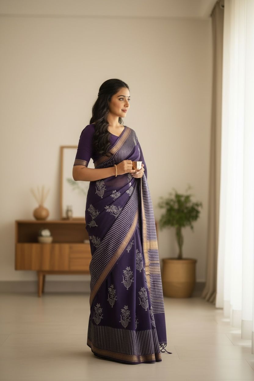 Chanderi Silk Saree with Ajrak Print (Deep purple/indigo with ivory prints and gold-toned border)