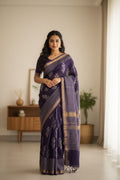 Chanderi Silk Saree with Ajrak Print (Deep purple/indigo with ivory prints and gold-toned border)