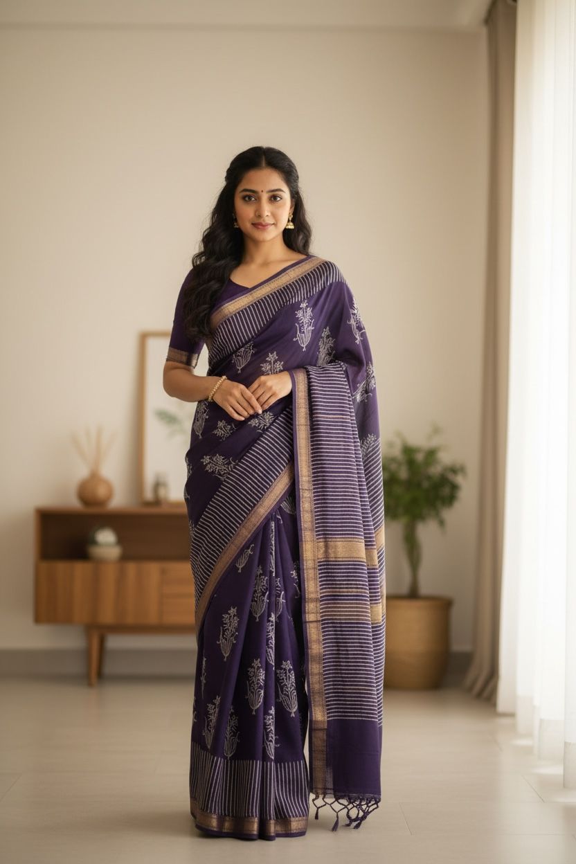 Chanderi Silk Saree with Ajrak Print (Deep purple/indigo with ivory prints and gold-toned border)