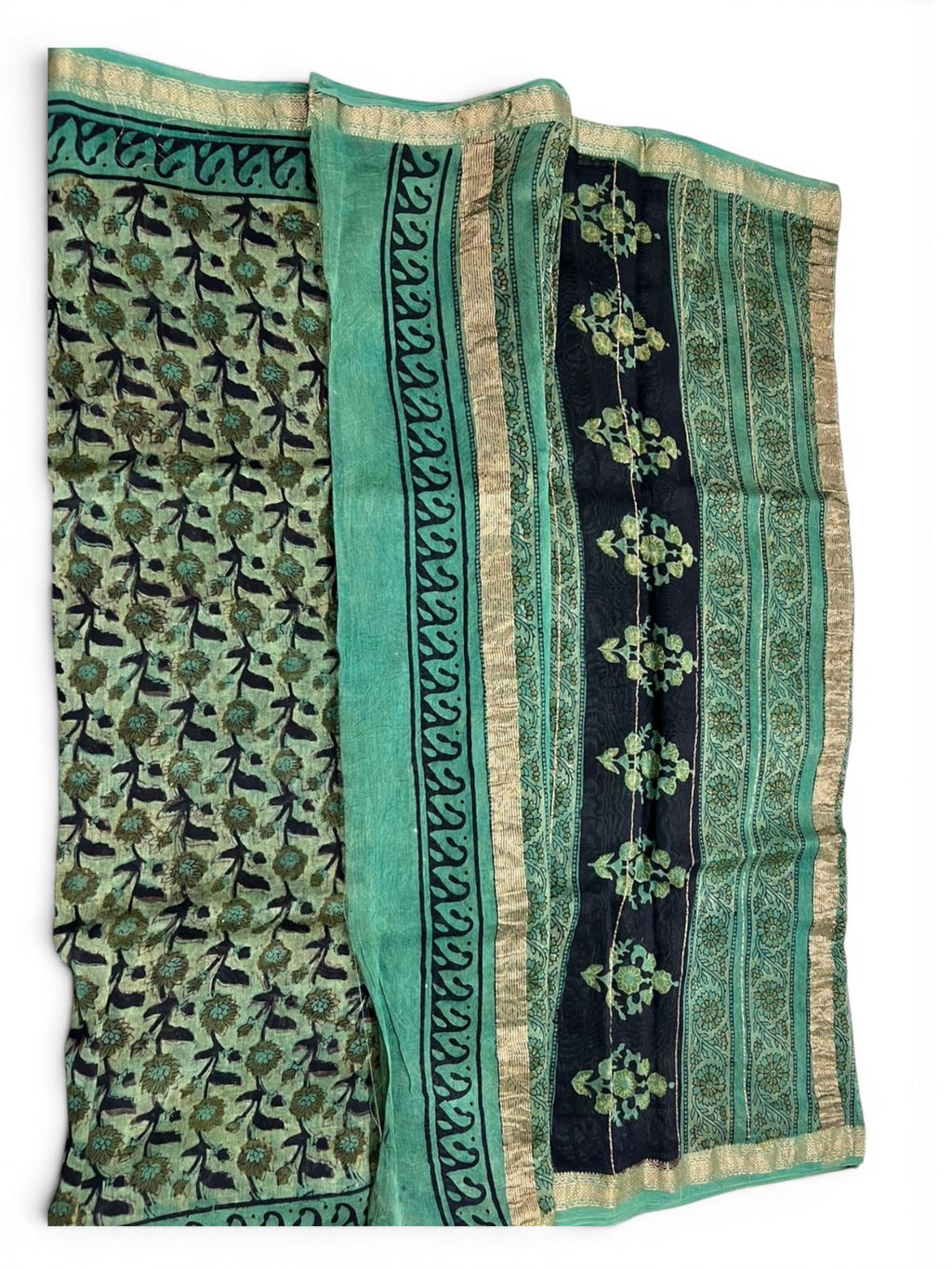 Muted Green with Dark Green & Black Prints.(Chanderi Silk Saree – Ajrakh / Vanaspati Block Print)