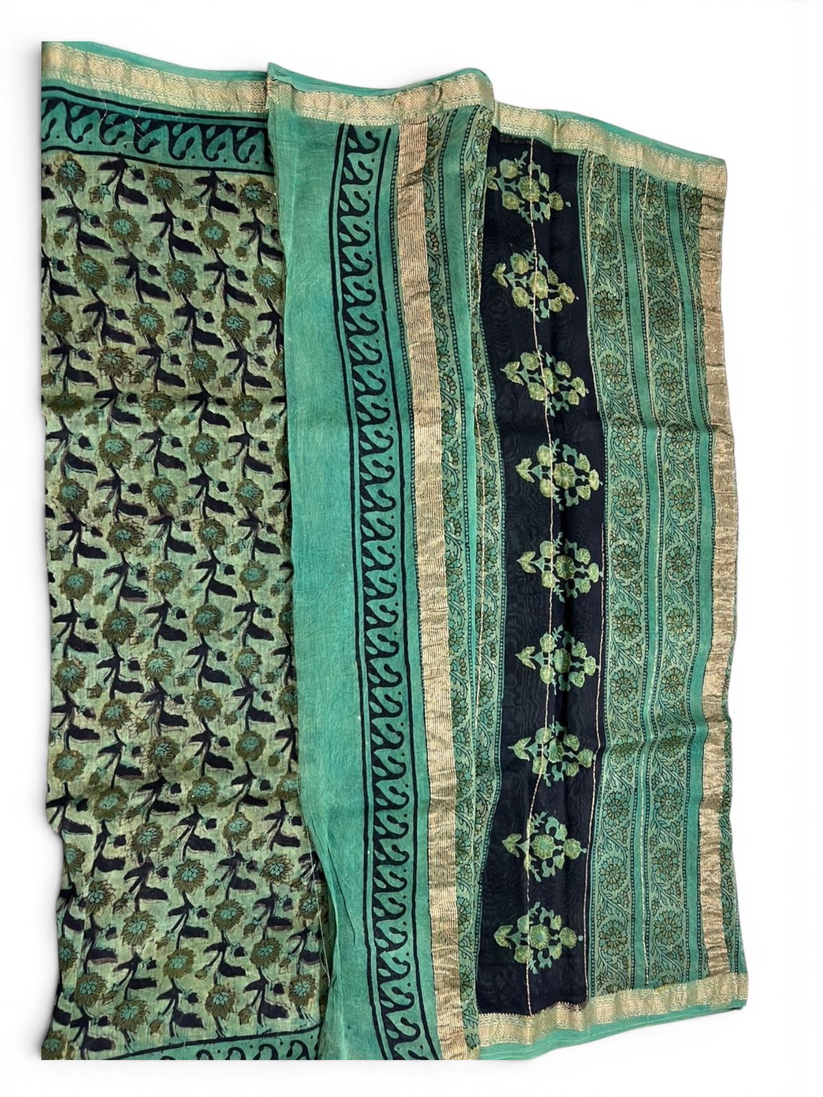 Muted Green with Dark Green & Black Prints.(Chanderi Silk Saree – Ajrakh / Vanaspati Block Print)