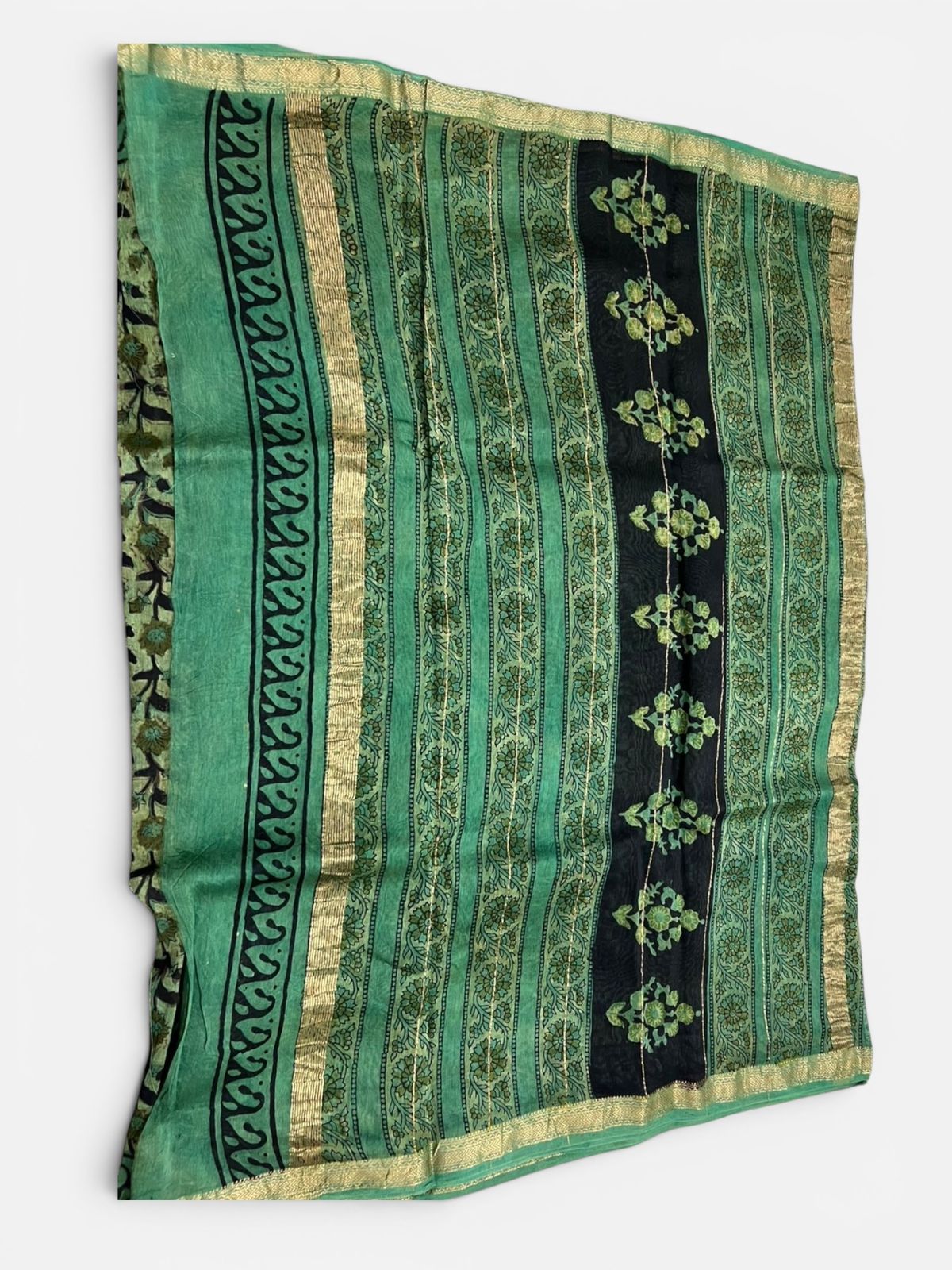 Muted Green with Dark Green & Black Prints.(Chanderi Silk Saree – Ajrakh / Vanaspati Block Print)