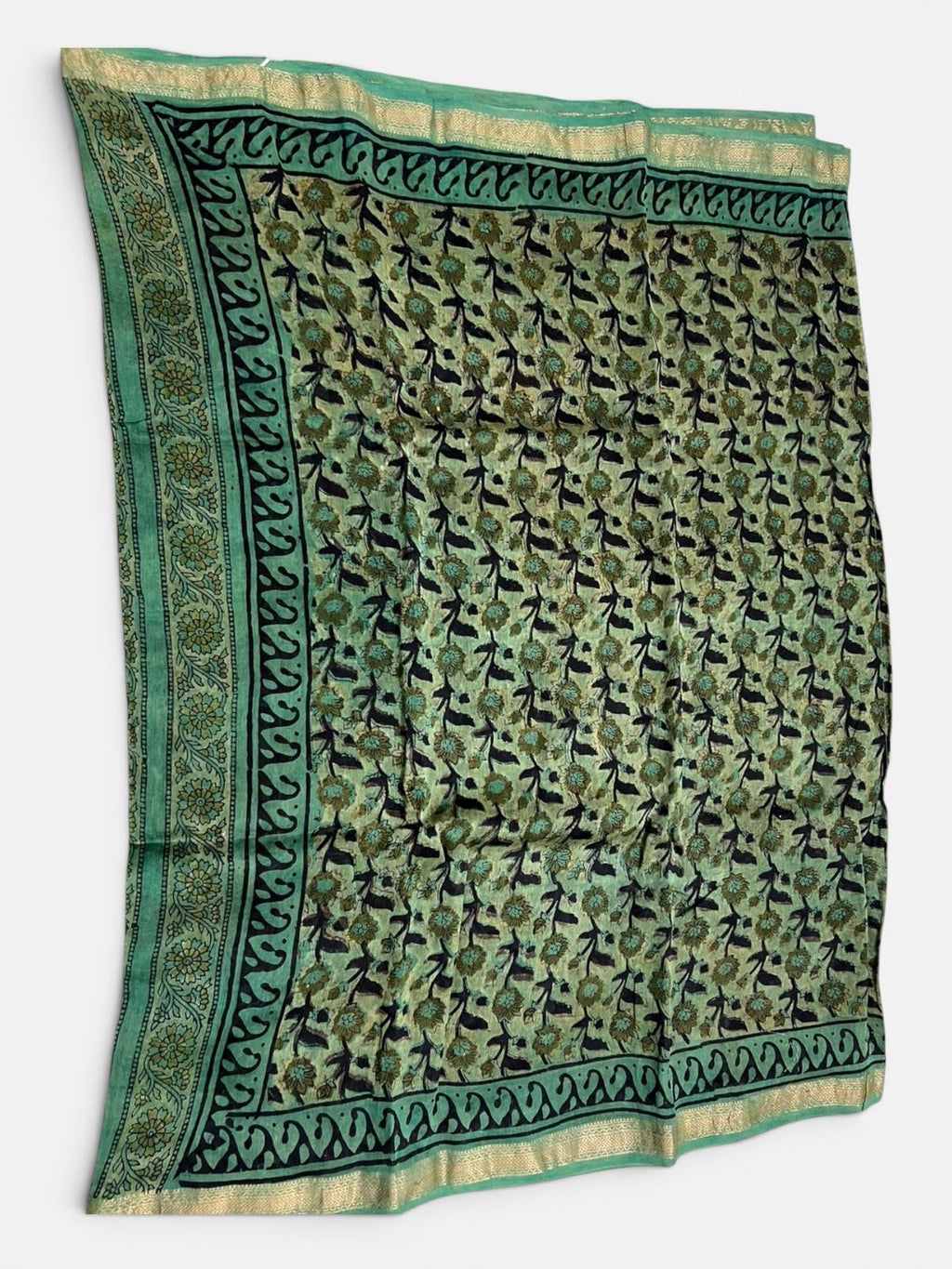 Muted Green with Dark Green & Black Prints.(Chanderi Silk Saree – Ajrakh / Vanaspati Block Print)