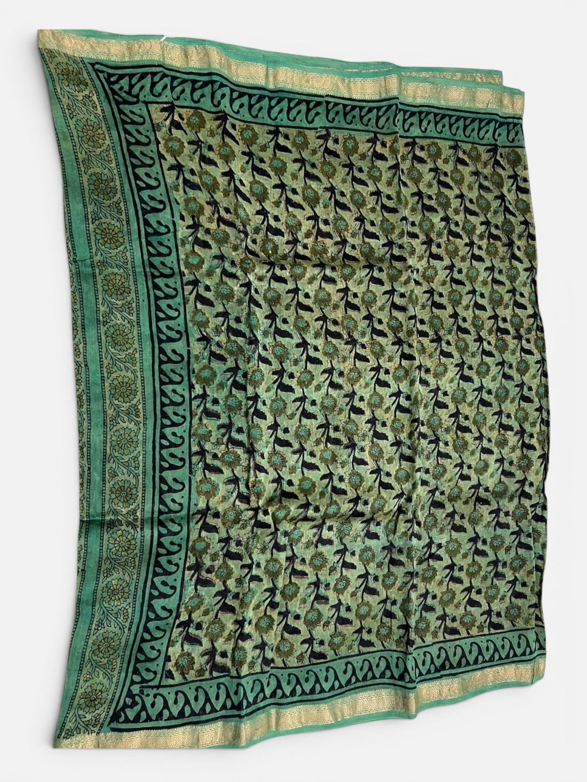 Muted Green with Dark Green & Black Prints.(Chanderi Silk Saree – Ajrakh / Vanaspati Block Print)