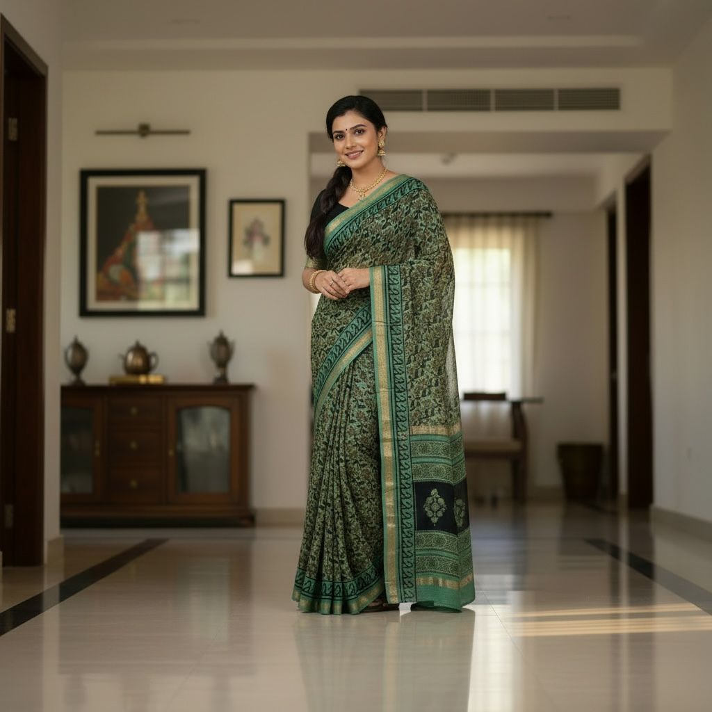 Muted Green with Dark Green & Black Prints.(Chanderi Silk Saree – Ajrakh / Vanaspati Block Print)