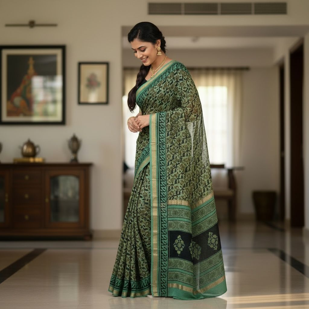 Muted Green with Dark Green & Black Prints.(Chanderi Silk Saree – Ajrakh / Vanaspati Block Print)
