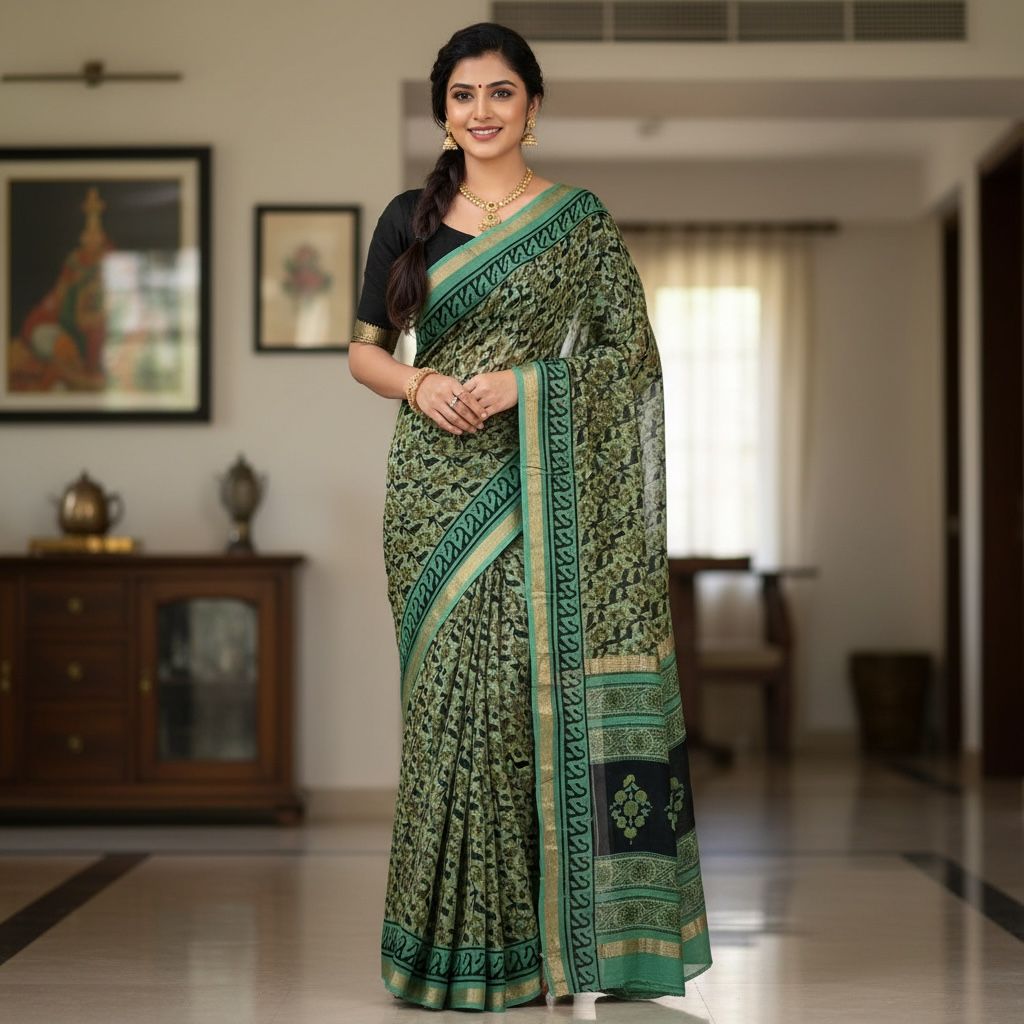Muted Green with Dark Green & Black Prints.(Chanderi Silk Saree – Ajrakh / Vanaspati Block Print)