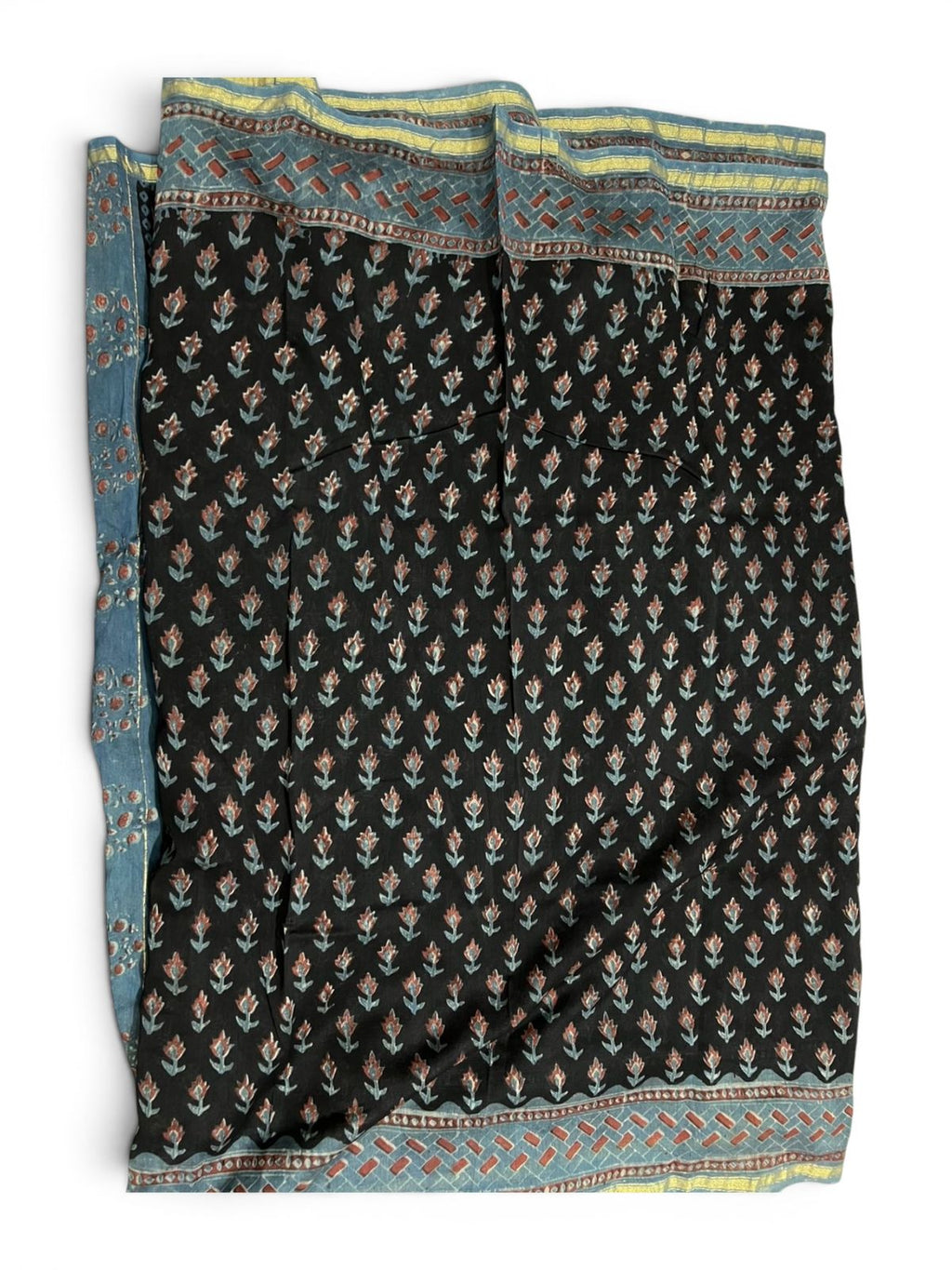 Black Cotton Silk Chanderi Saree – Ajrakh / Vanaspati Block Print