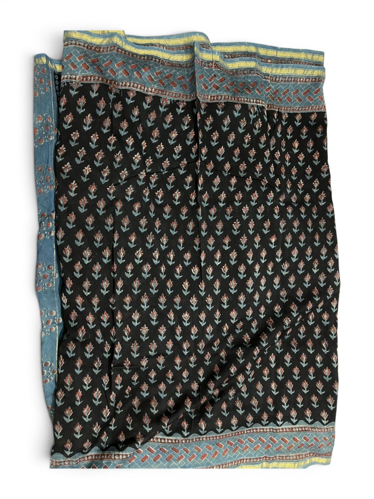 Black Cotton Silk Chanderi Saree – Ajrakh / Vanaspati Block Print