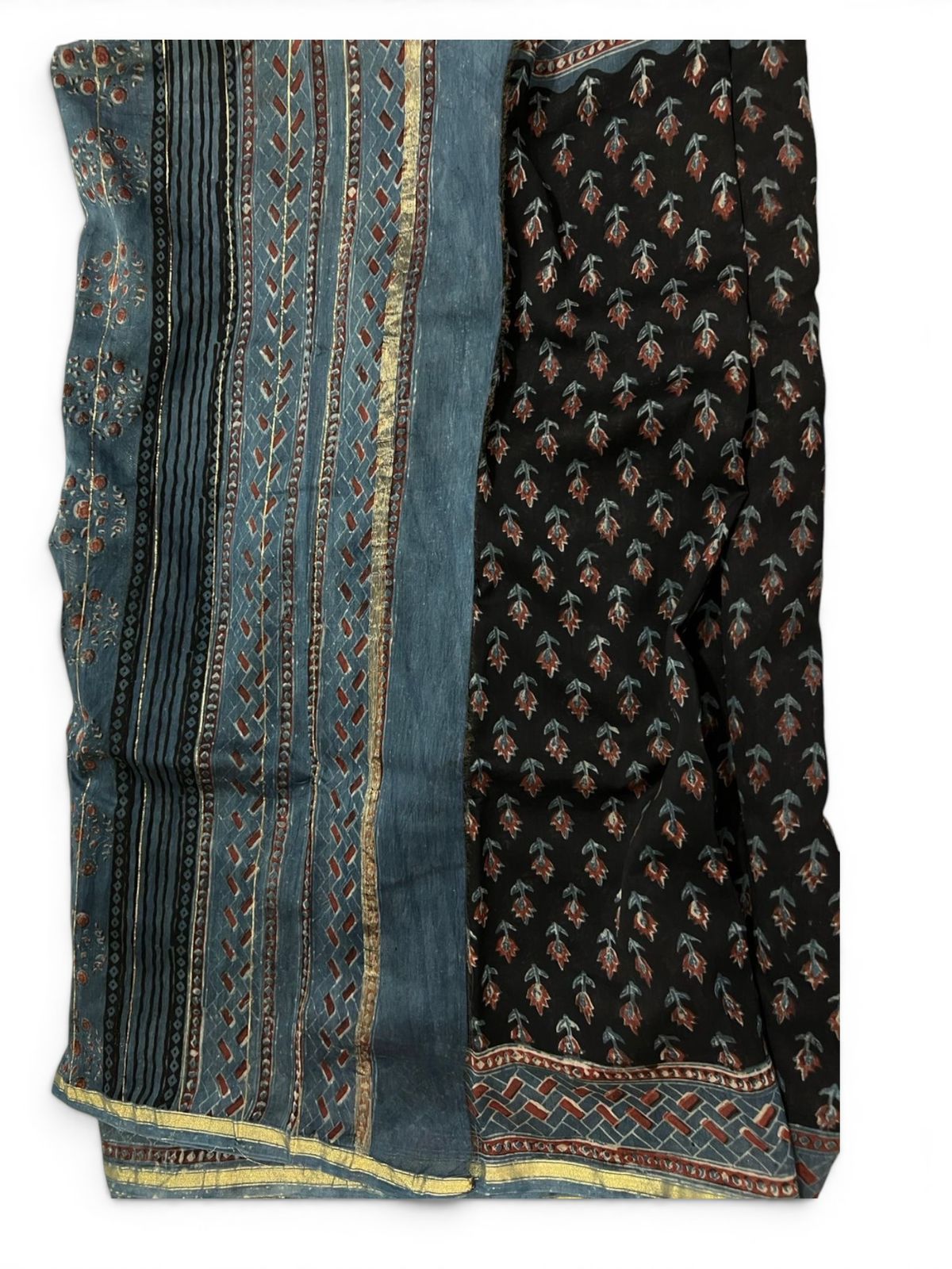 Black Cotton Silk Chanderi Saree – Ajrakh / Vanaspati Block Print