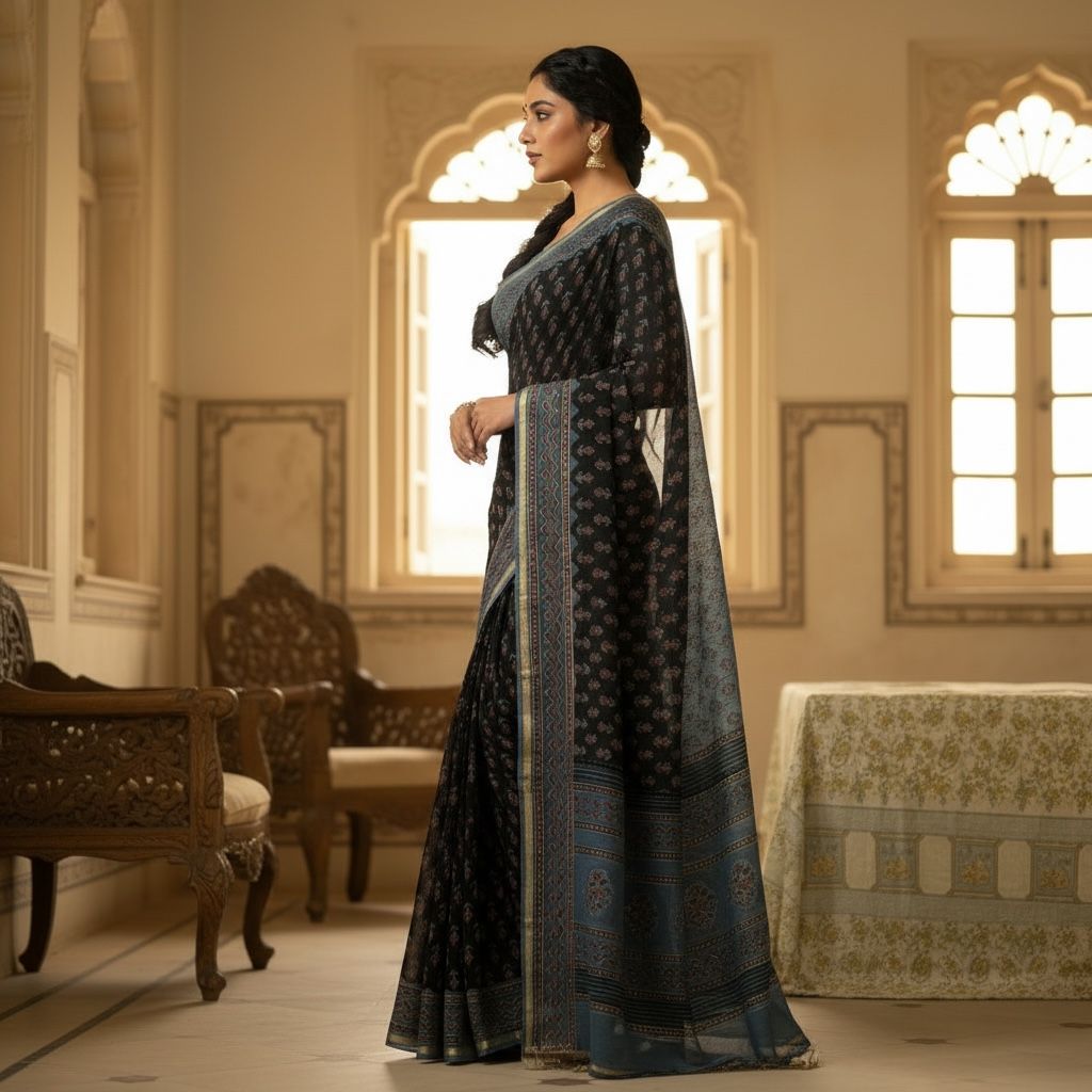 Black Cotton Silk Chanderi Saree – Ajrakh / Vanaspati Block Print