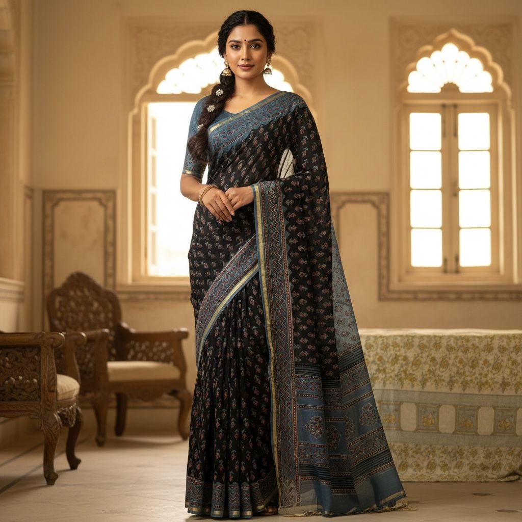 Black Cotton Silk Chanderi Saree – Ajrakh / Vanaspati Block Print
