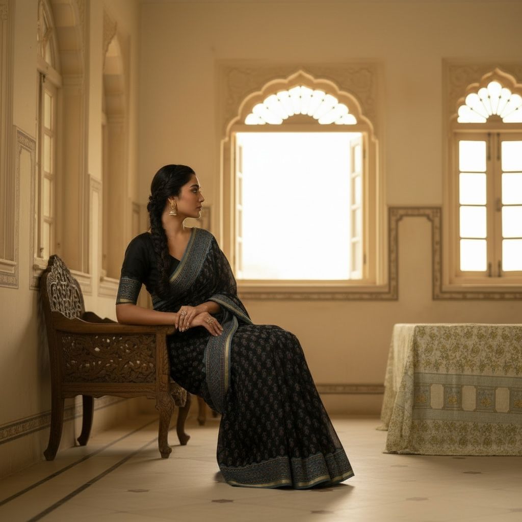 Black Cotton Silk Chanderi Saree – Ajrakh / Vanaspati Block Print