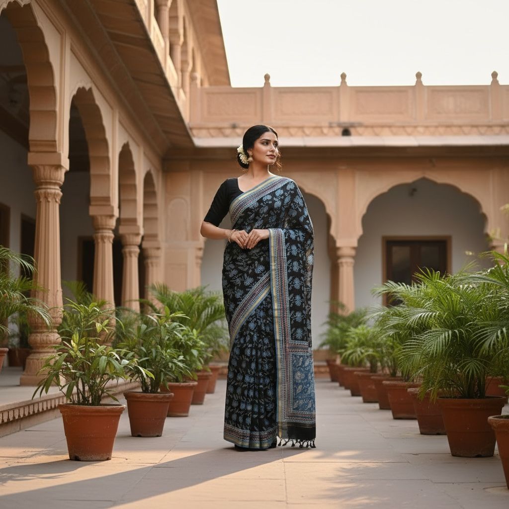 Chanderi Silk Saree with Ajrak Print (Deep black base highlighted with classic Ajrak floral motifs)