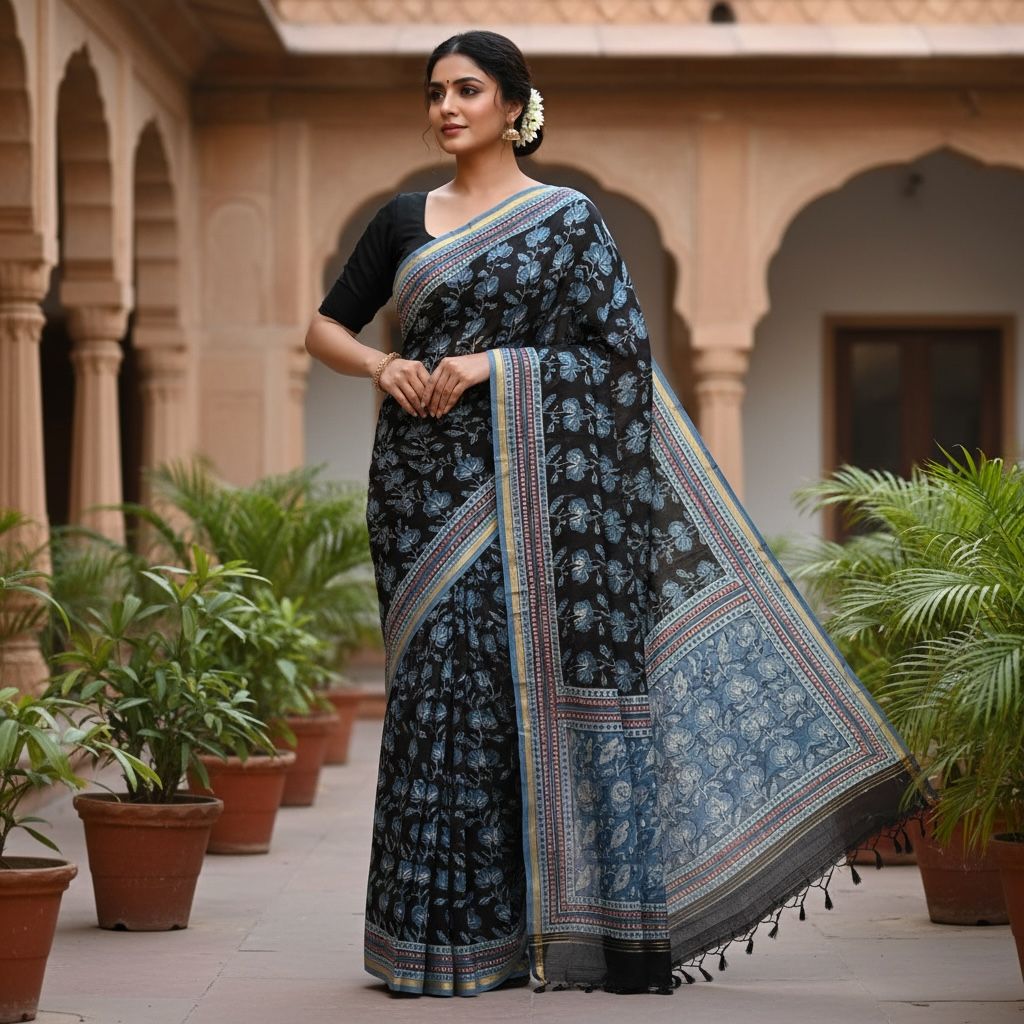 Chanderi Silk Saree with Ajrak Print (Deep black base highlighted with classic Ajrak floral motifs)