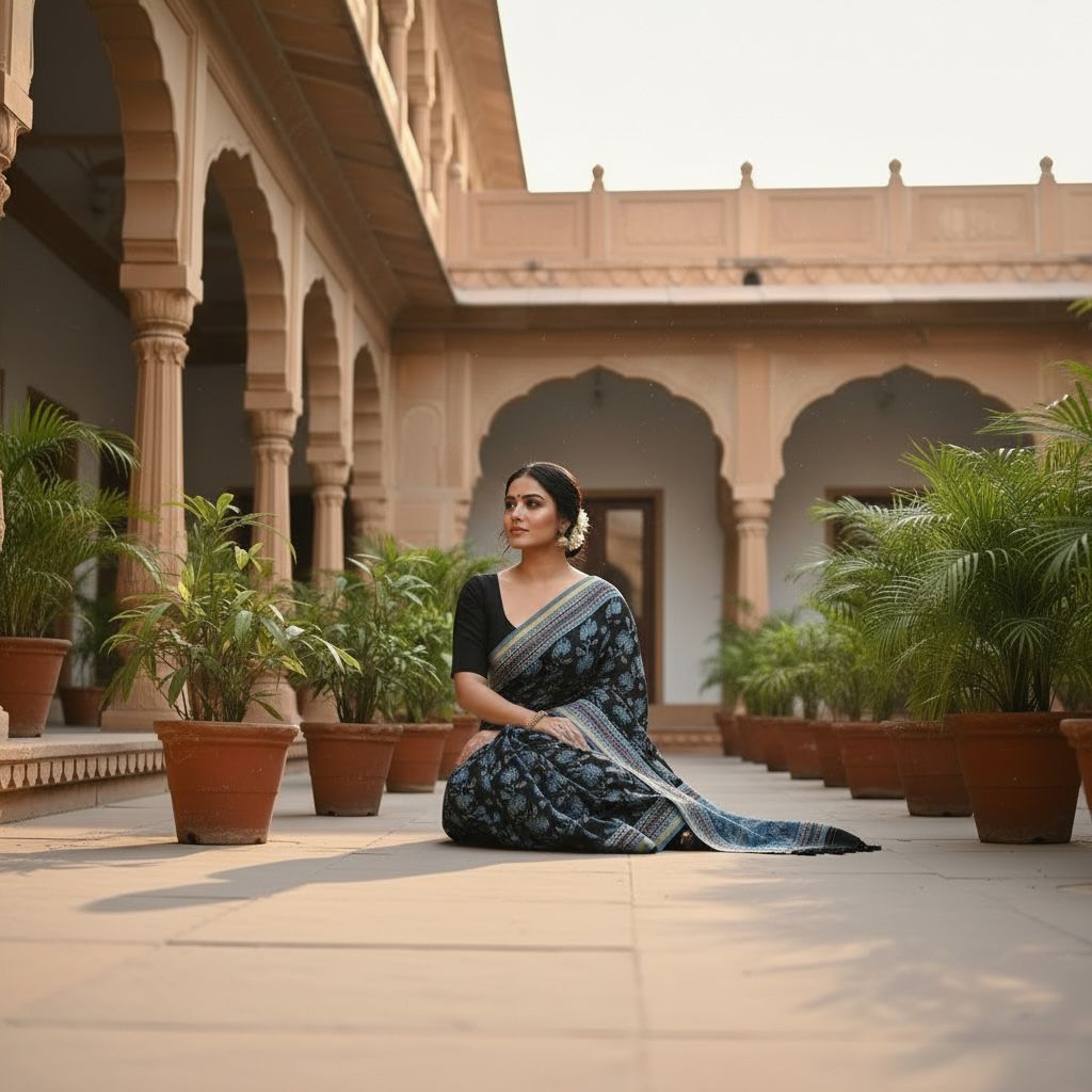 Chanderi Silk Saree with Ajrak Print (Deep black base highlighted with classic Ajrak floral motifs)