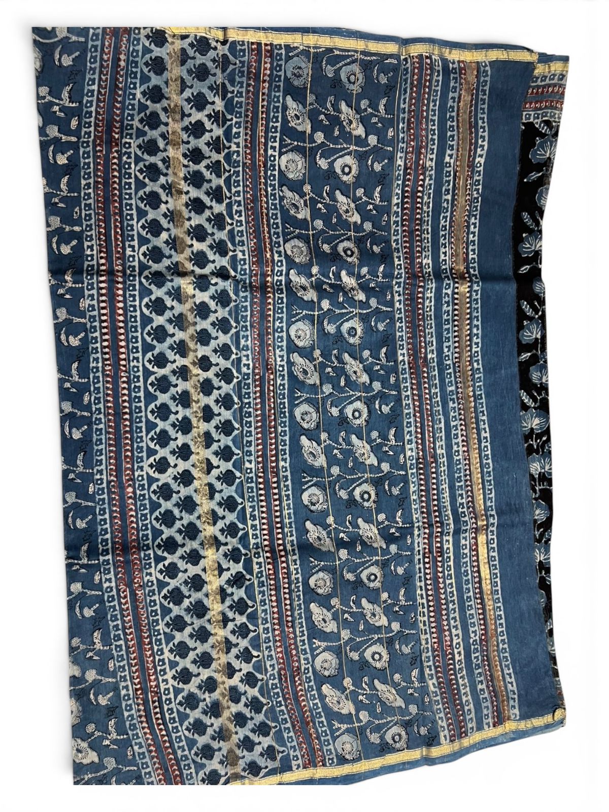 Chanderi Silk Saree with Ajrak Print (Deep black base highlighted with classic Ajrak floral motifs)