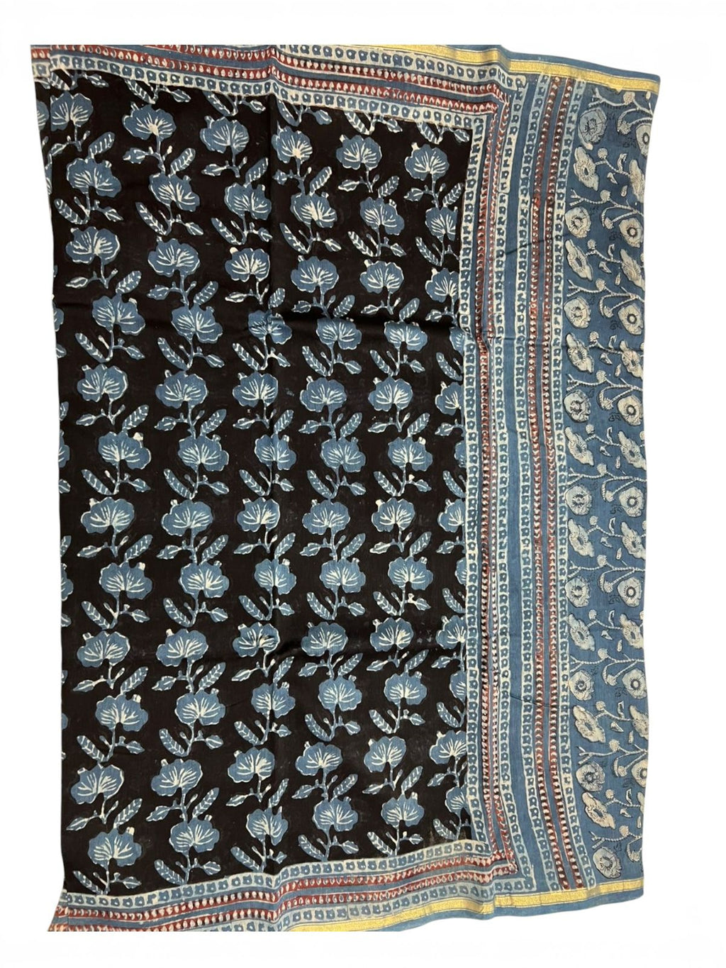 Chanderi Silk Saree with Ajrak Print (Deep black base highlighted with classic Ajrak floral motifs)