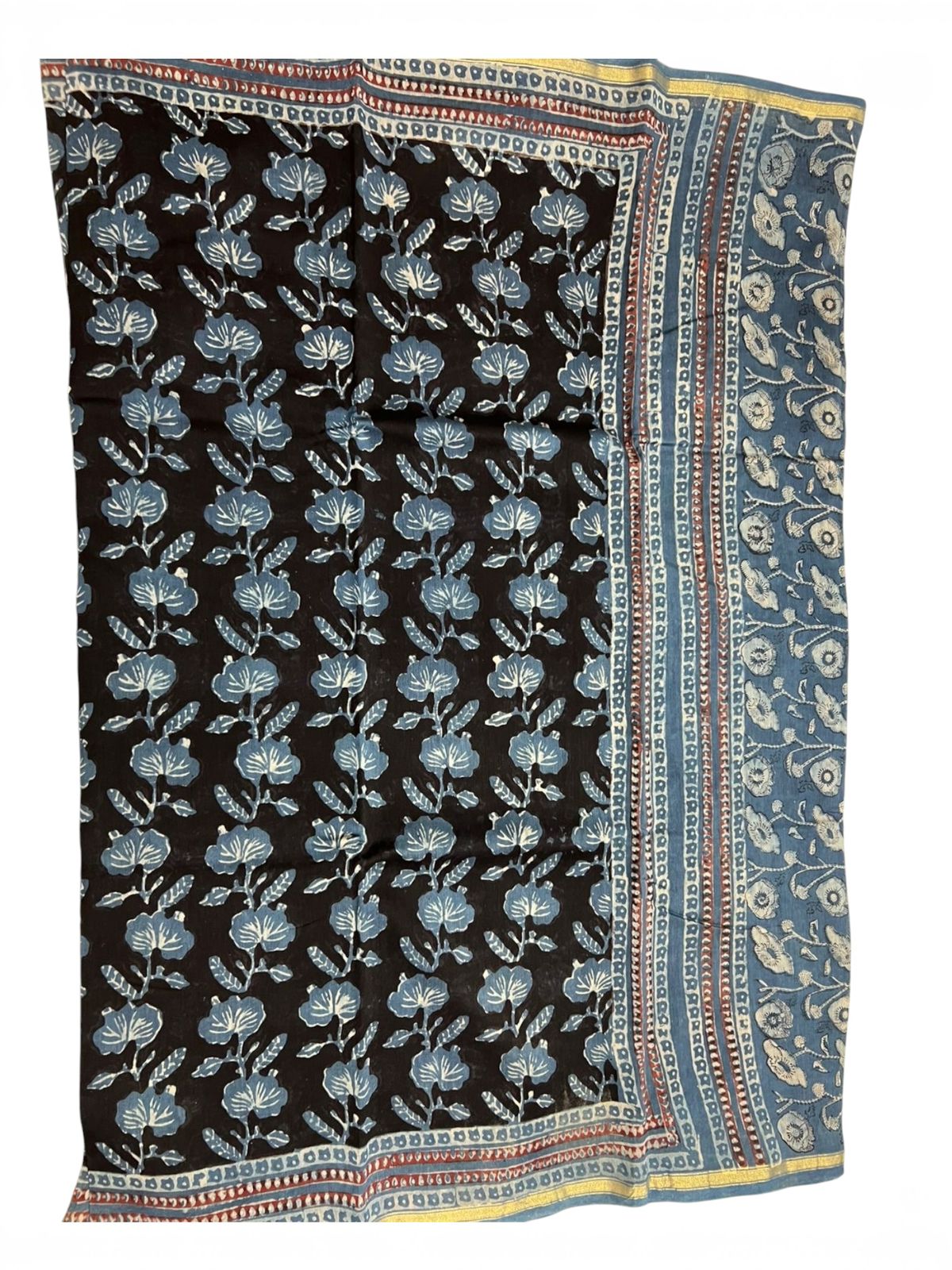 Chanderi Silk Saree with Ajrak Print (Deep black base highlighted with classic Ajrak floral motifs)