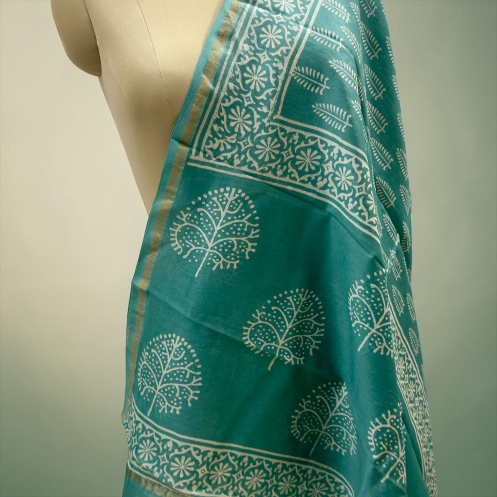 Premium cotton silk Teal green Printed dupatta.