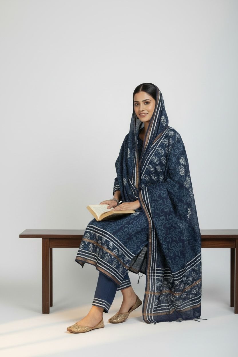 (Indigo Blue / Deep Navy)Hand Block Printed Chanderi Silk Suit 3 Piece Set – Fabric Only (Unstitched)