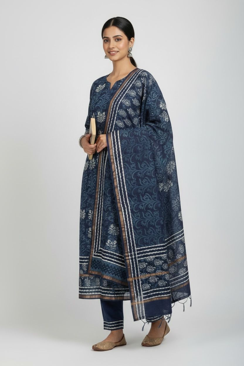 (Indigo Blue / Deep Navy)Hand Block Printed Chanderi Silk Suit 3 Piece Set – Fabric Only (Unstitched)
